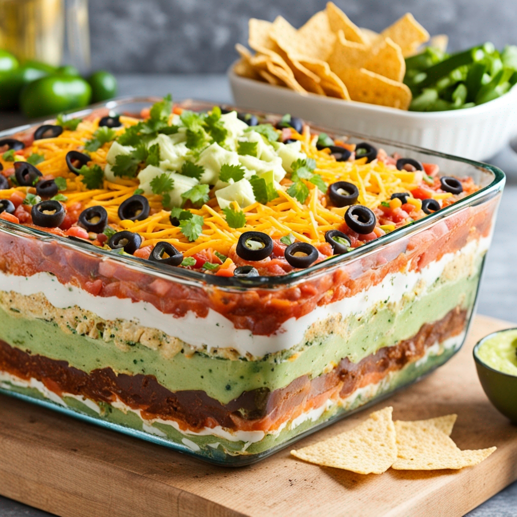 7 Layer Dip, easy dip recipes, party dips, refried beans, guacamole, salsa, cheddar cheese, tortilla chips, crowd-pleaser, perfect dip