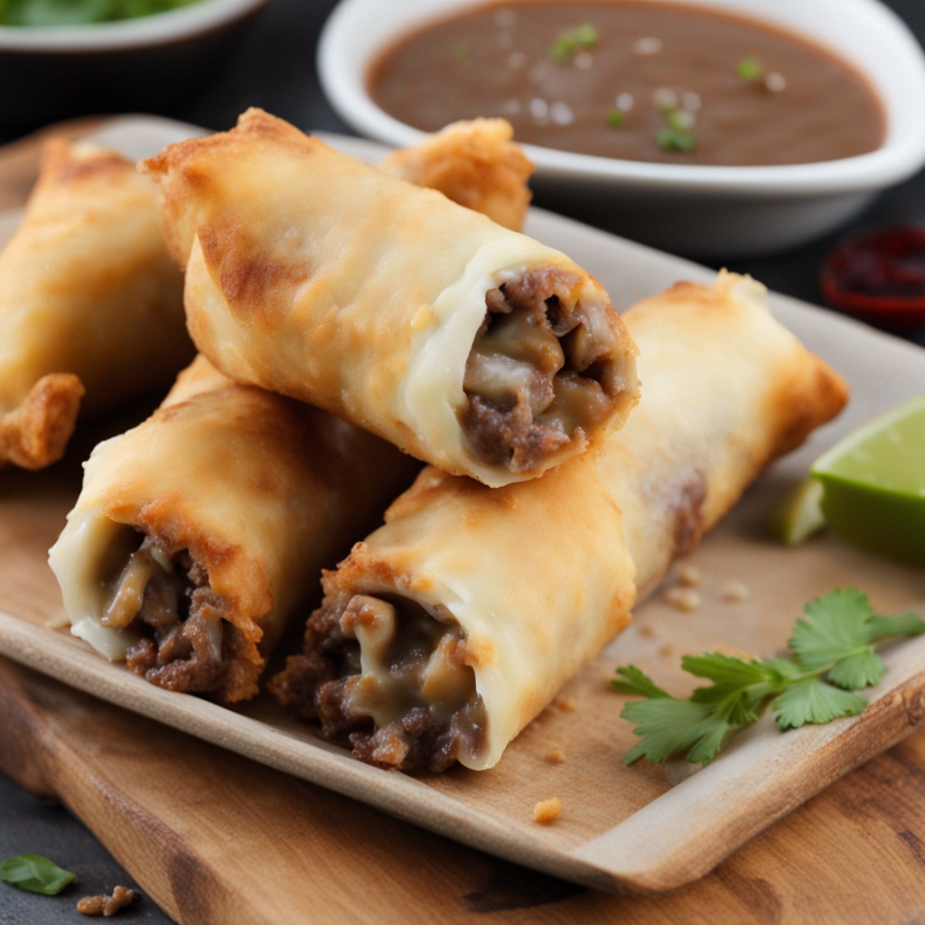 Cheesesteak Eggrolls, Philly cheesesteak, eggroll recipe, fusion dish, provolone cheese, ribeye steak, appetizers, party food, quick recipe, homemade eggrolls