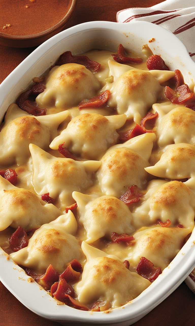 Serving of Bacon Pierogi Bake on a plate with green salad.