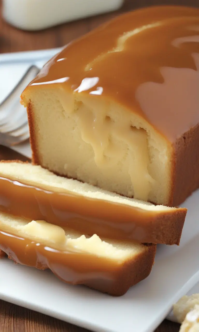 Pouring caramel topping on a slice of Cream Cheese Bread.