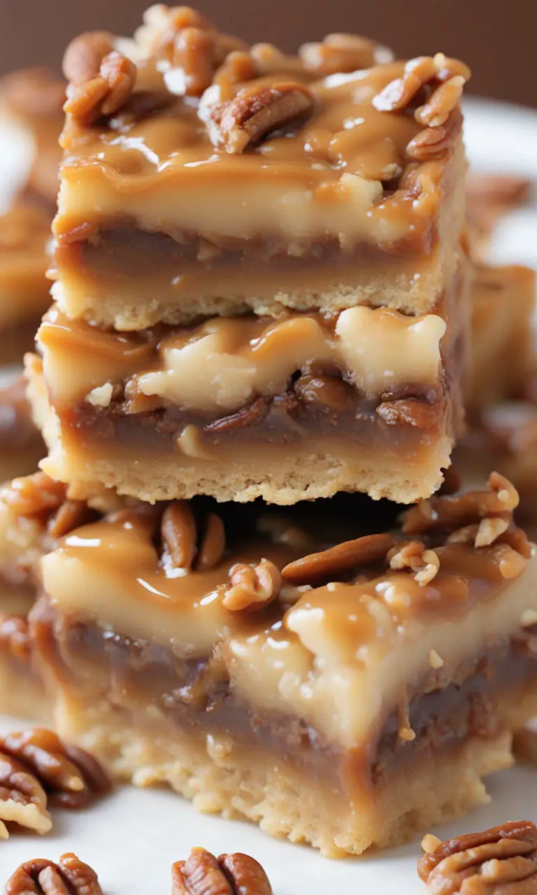 Stack of Caramel Pecan Dream Bars with a scoop of ice cream, captioned 'Dreamy Dessert Bars.