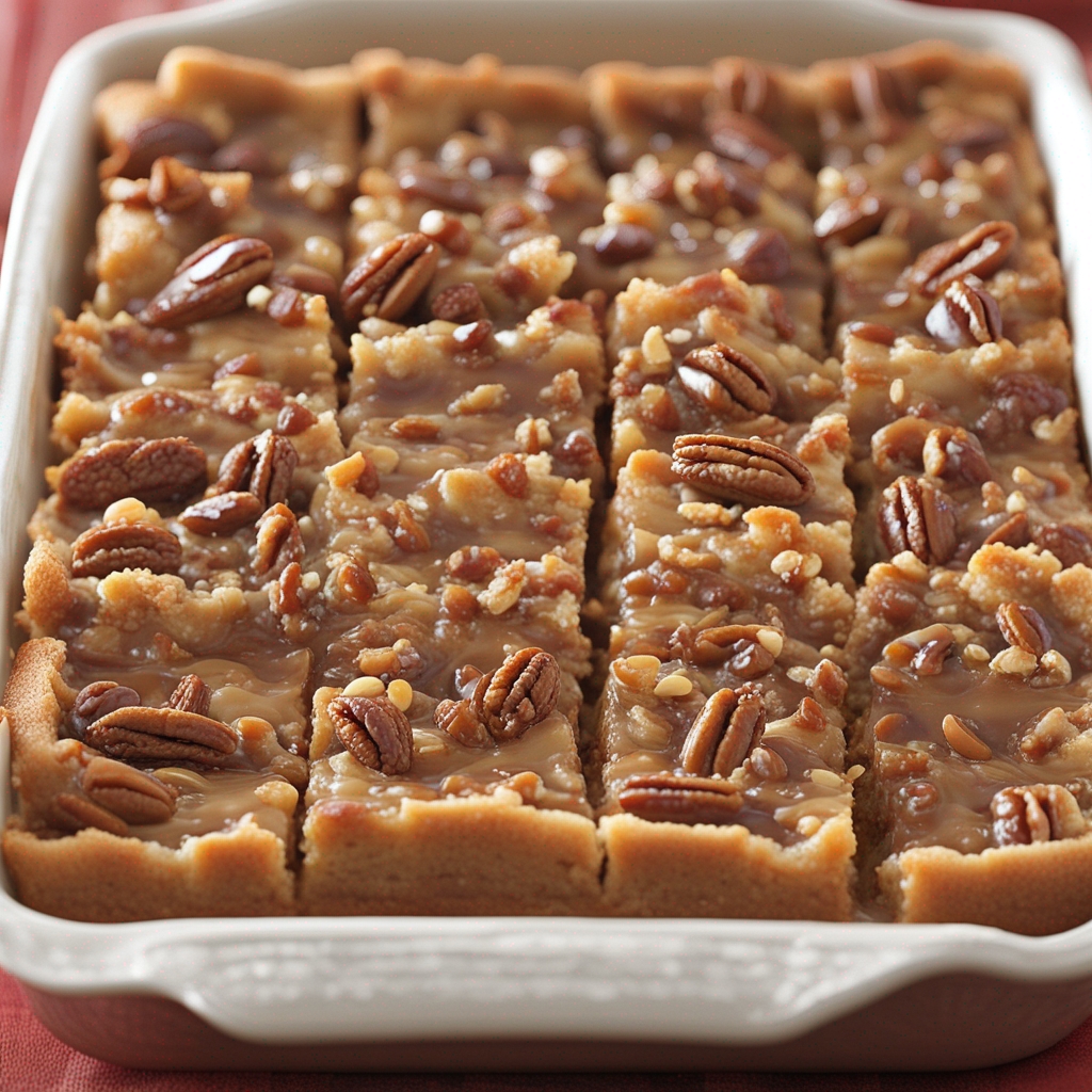 Golden baked Caramel Pecan Dream Bars in a pan.