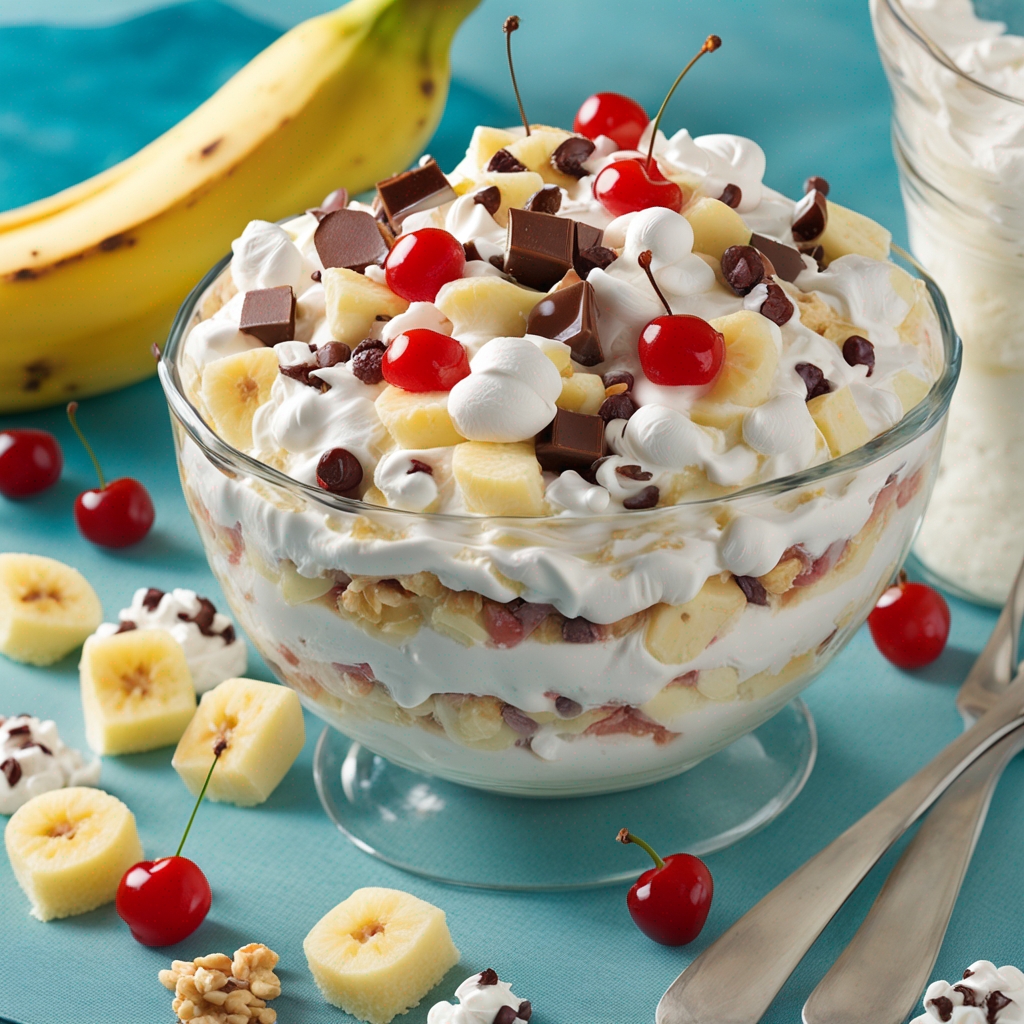 Sliced bananas, maraschino cherries, and other ingredients assembled for the Banana Split Fluff Salad.
