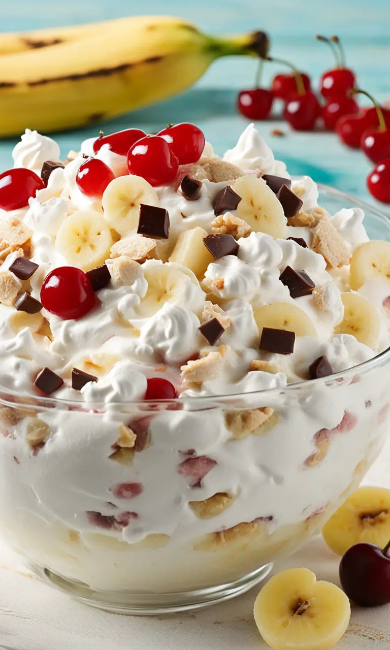 A close-up of the fluffy texture of the Banana Split Fluff Salad.