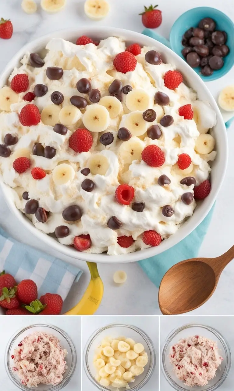 A bowl of vibrant Banana Split Fluff Salad garnished with cherries and walnuts.