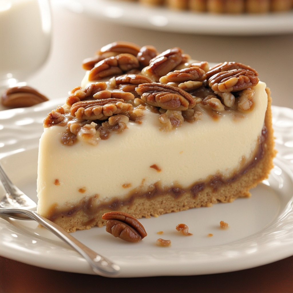 Mouthwatering slice of Pecan Pie Cheesecake on a plate.
