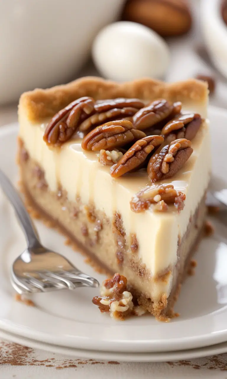 Serving a slice of Pecan Pie Cheesecake with whipped cream.