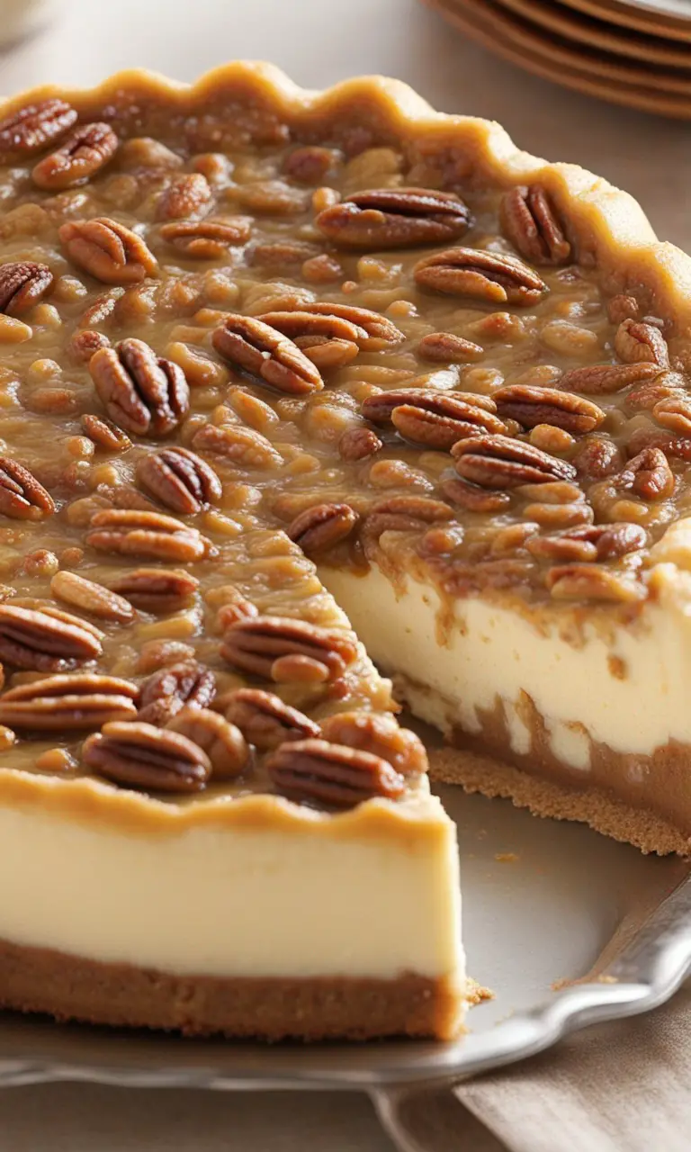 Crunchy pecan topping drizzled over creamy cheesecake.