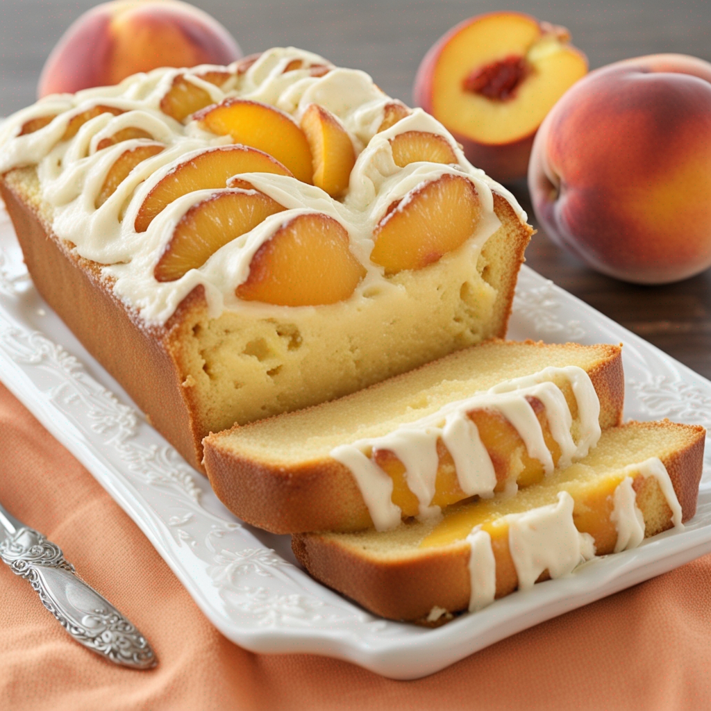 Freshly baked Peach & Cream Cheese Loaf on a serving board.