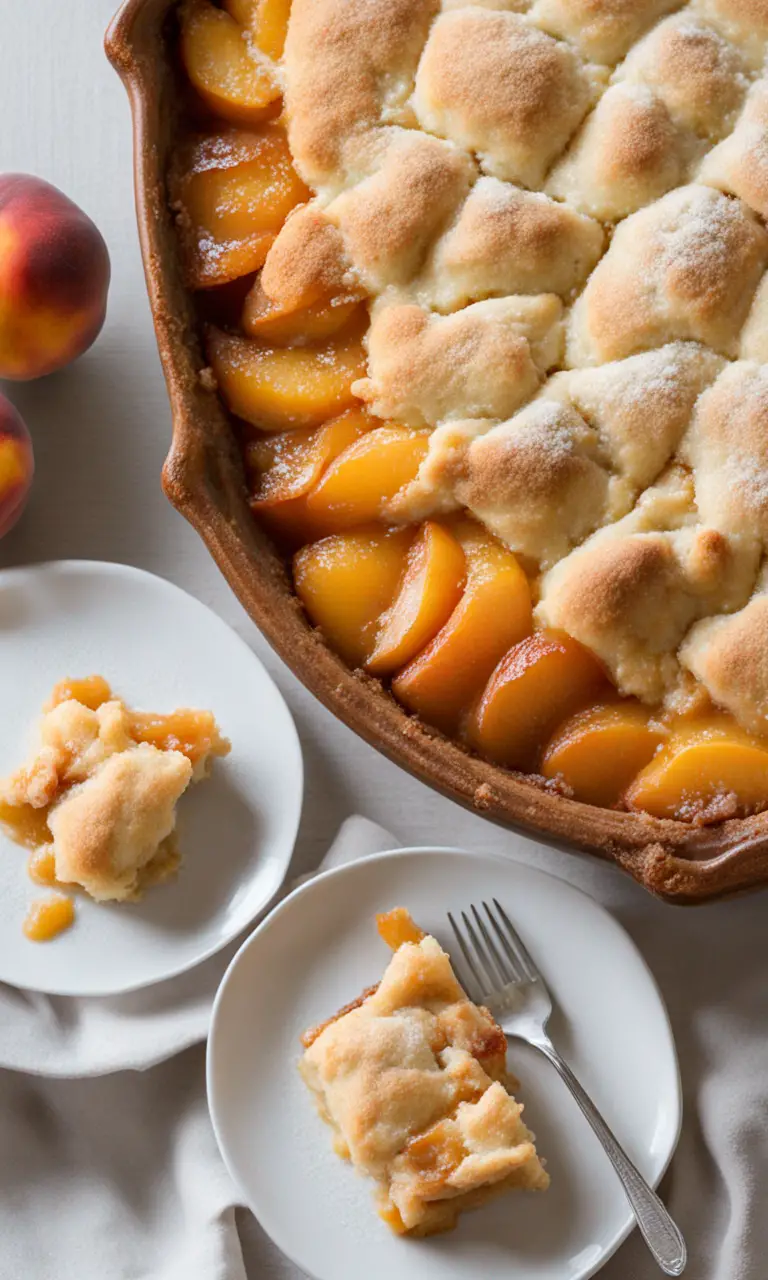 Sliced ripe peaches in a mixing bowl, glistening with sugar and spices, ready for the cobbler filling.