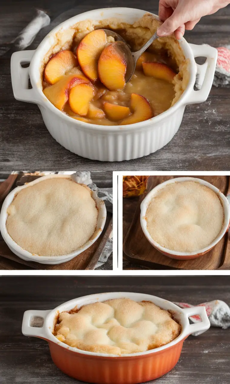 Golden-brown baked Triple Crust Peach Cobbler in a 9x13-inch dish, fresh out of the oven with steam rising.