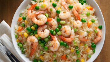 Fresh shrimp, vegetables, and jasmine rice arranged for Shrimp Fried Rice recipe.