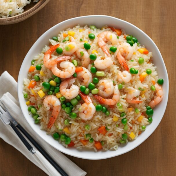 Fresh shrimp, vegetables, and jasmine rice arranged for Shrimp Fried Rice recipe.