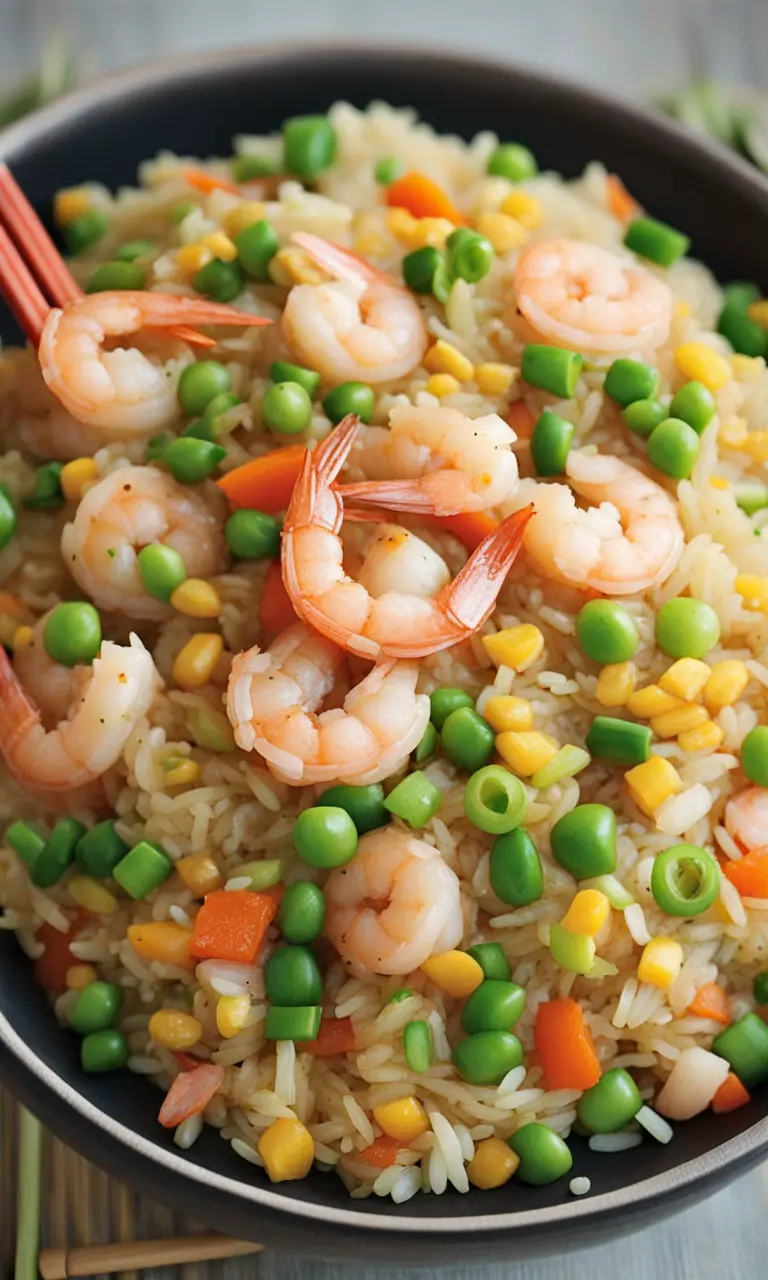 Plated Shrimp Fried Rice garnished with fresh coriander and paired with a glass of white wine.