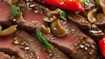 Sliced flank steak and vibrant bell peppers ready for stir-fry