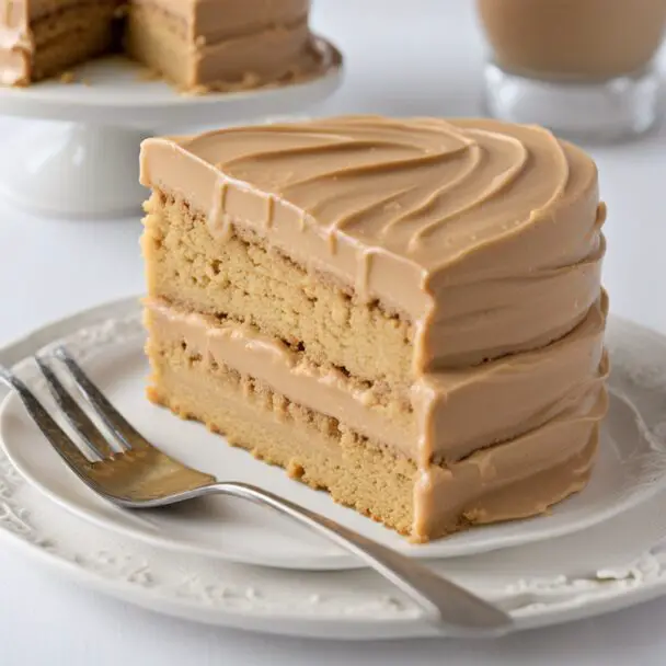 A slice of peanut butter cake with honey frosting on a plate, highlighted by soft lighting