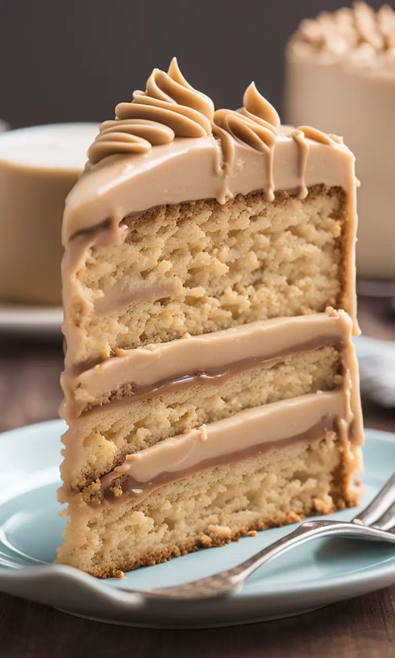 A hand spreading the honey frosting over the freshly baked peanut butter cake.