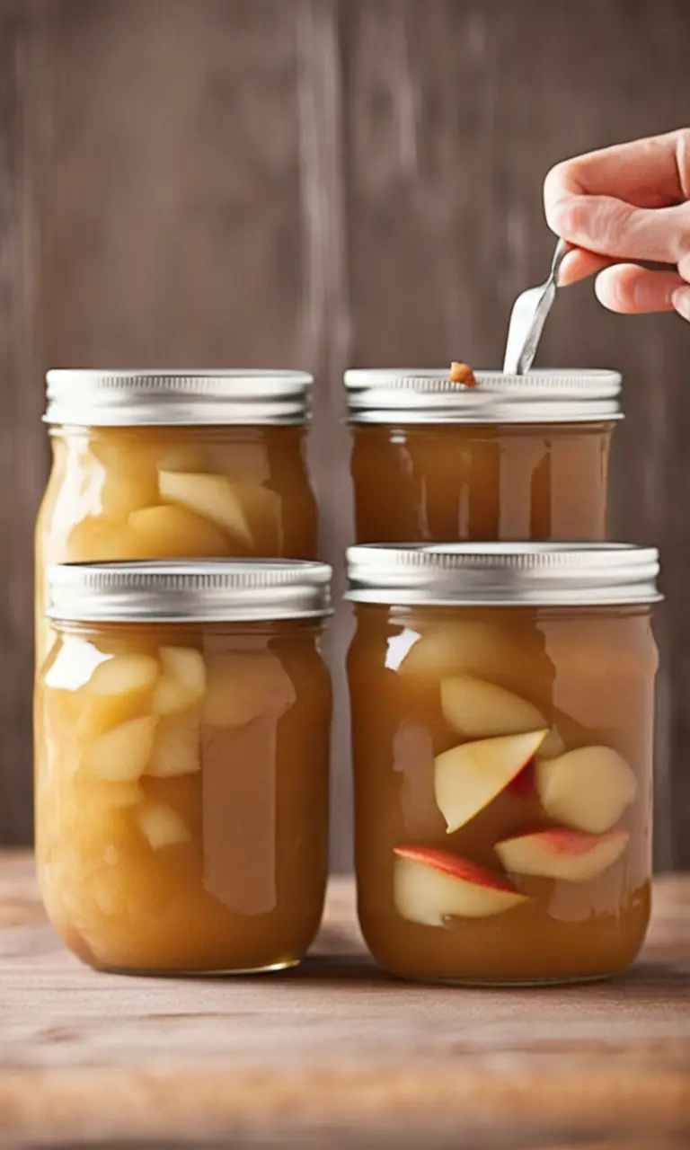 Transferring freshly made apple pie filling into a clean jar for storage.