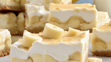 Close-up of a Banana Pudding Cheesecake Square topped with Nilla wafer.