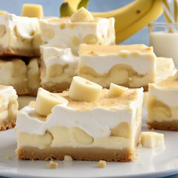 Close-up of a Banana Pudding Cheesecake Square topped with Nilla wafer.