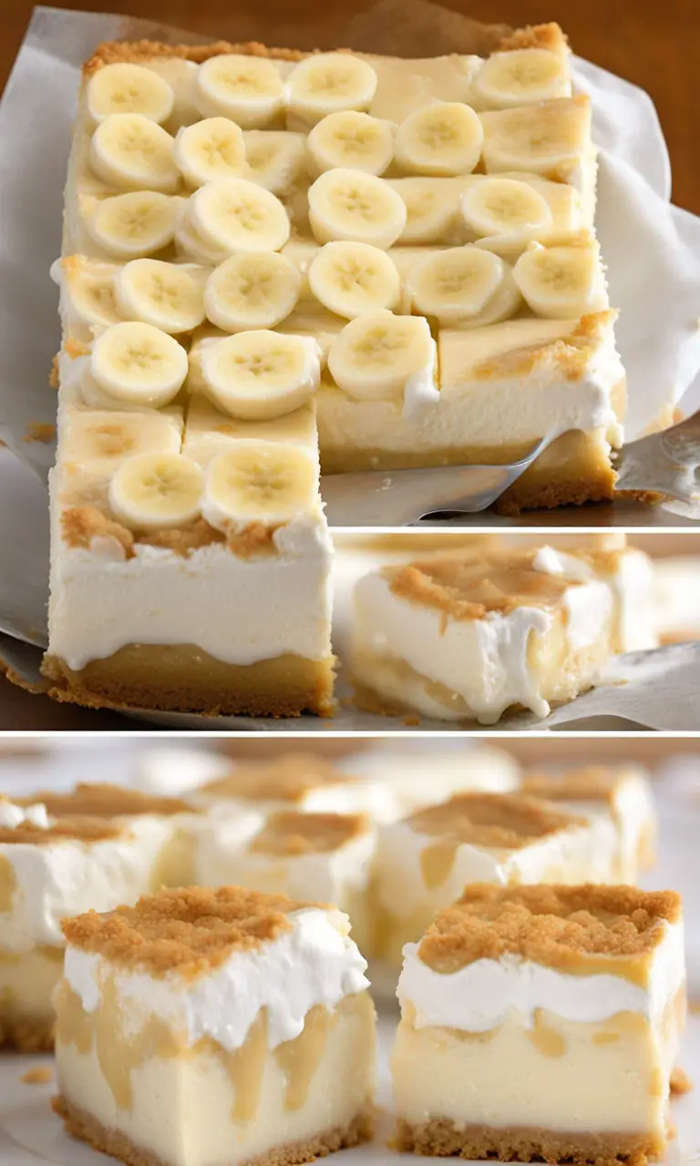 Stack of Banana Pudding Cheesecake Squares on a wooden board with fresh bananas.