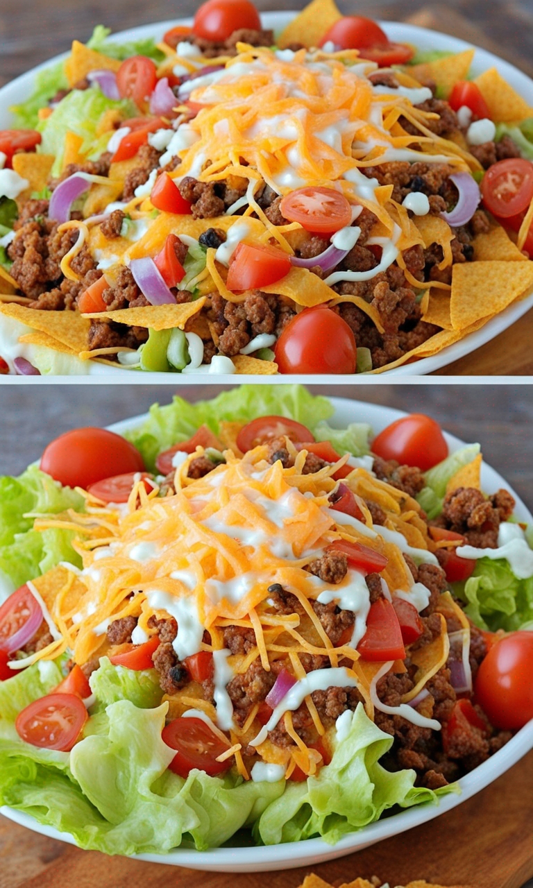 Side view of the salad, with layers of beef, cheese, lettuce, and a sprinkle of Doritos on top.