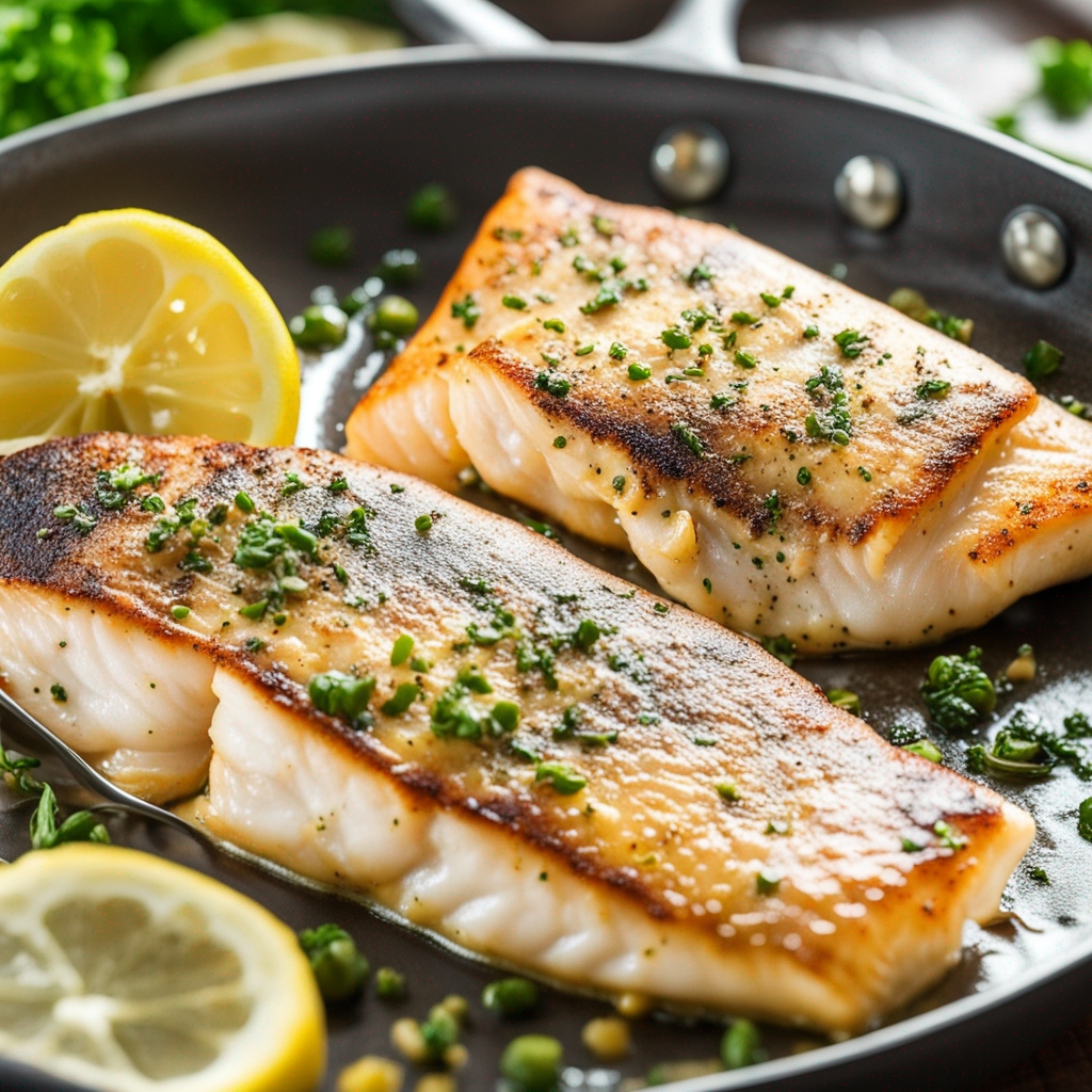 Golden-brown pan-seared fish fillet on a white plate with lemon garnish