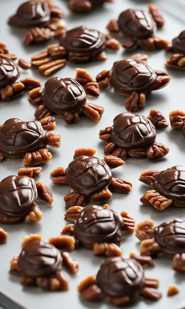 Platter of homemade turtle candies with a glass of milk.