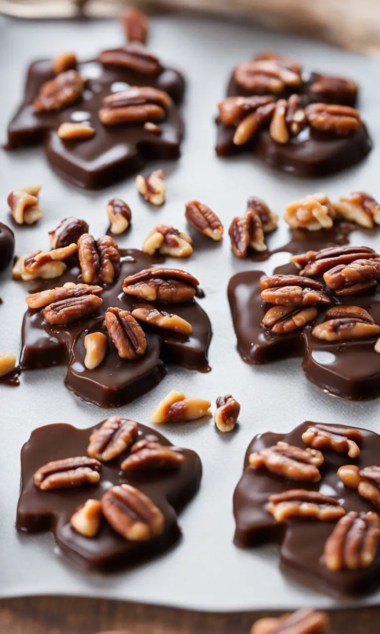 Chocolate-covered homemade turtle candies on parchment paper.
