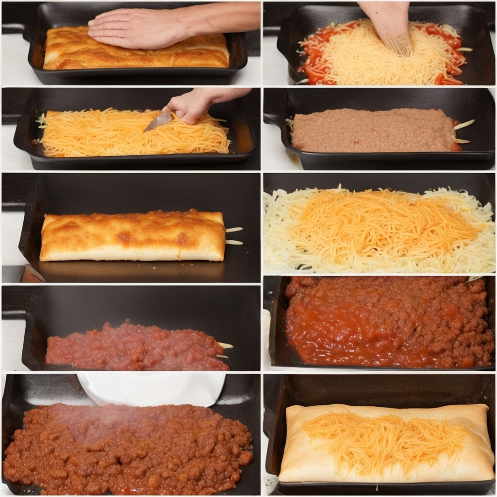 Preparation process: Filling and rolling the chimichangas on a kitchen counter.