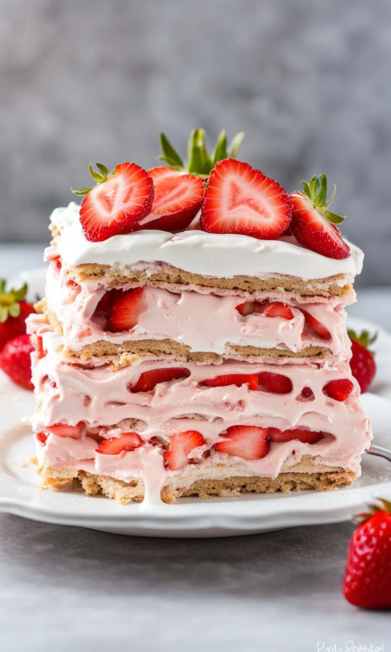 Fresh strawberries arranged beside the icebox cake.