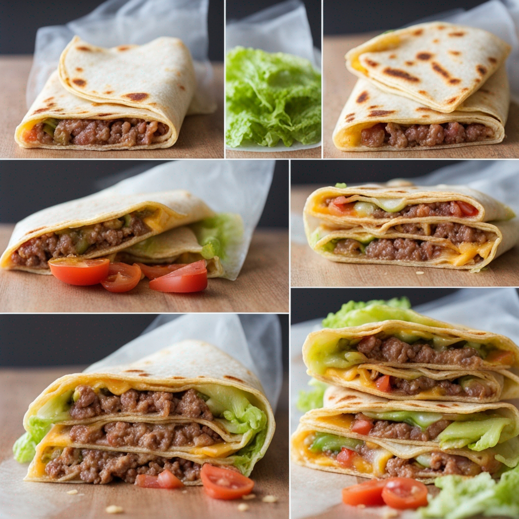 Homemade Crunch Wrap Supreme sliced in half, showcasing the juicy beef and crispy tostada layer.