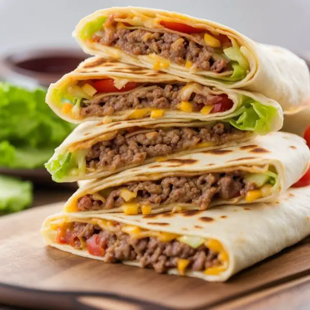 Golden-browned Crunch Wrap Supreme cut in half on a white plate, revealing layered beef, crispy tostada, and fresh veggies.