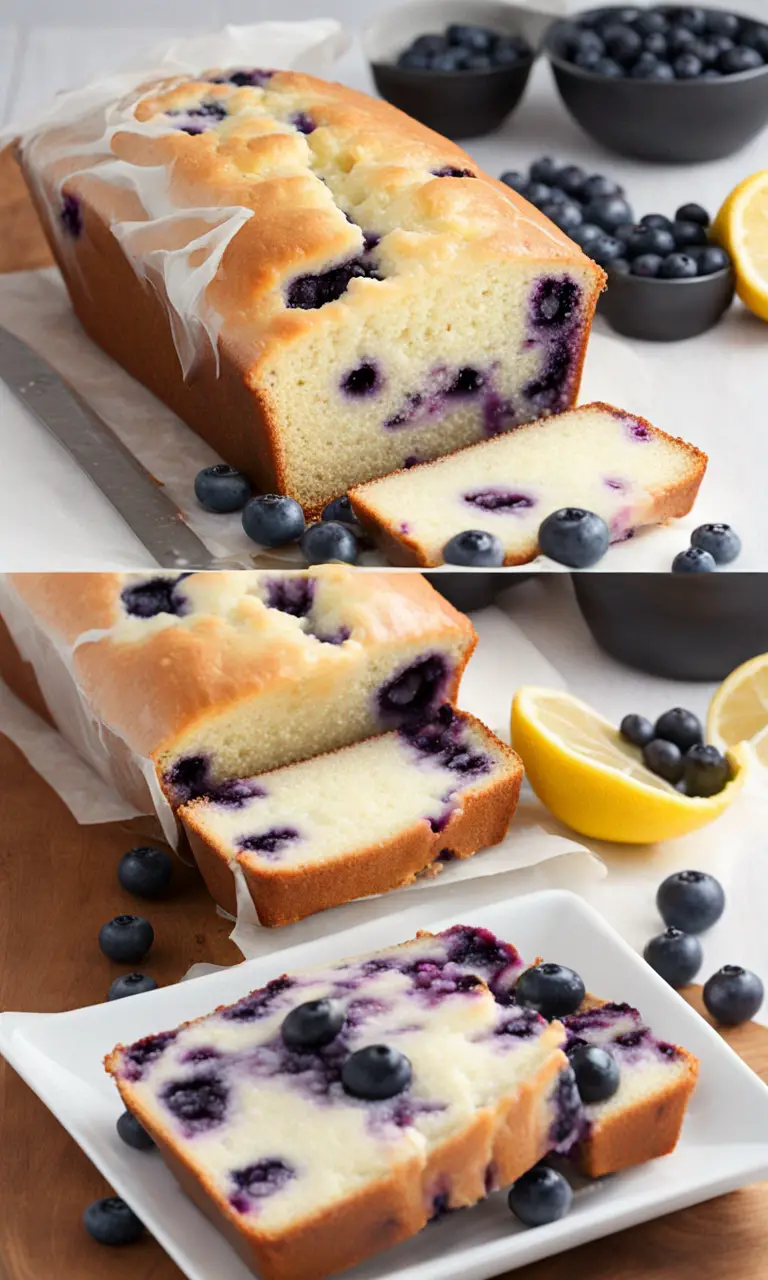Sliced Lemon Blueberry Loaf showcasing its moist texture with blueberries.
