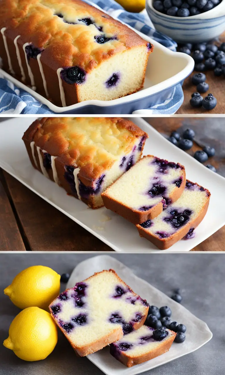 Freshly baked Lemon Blueberry Loaf on a rustic wooden table.