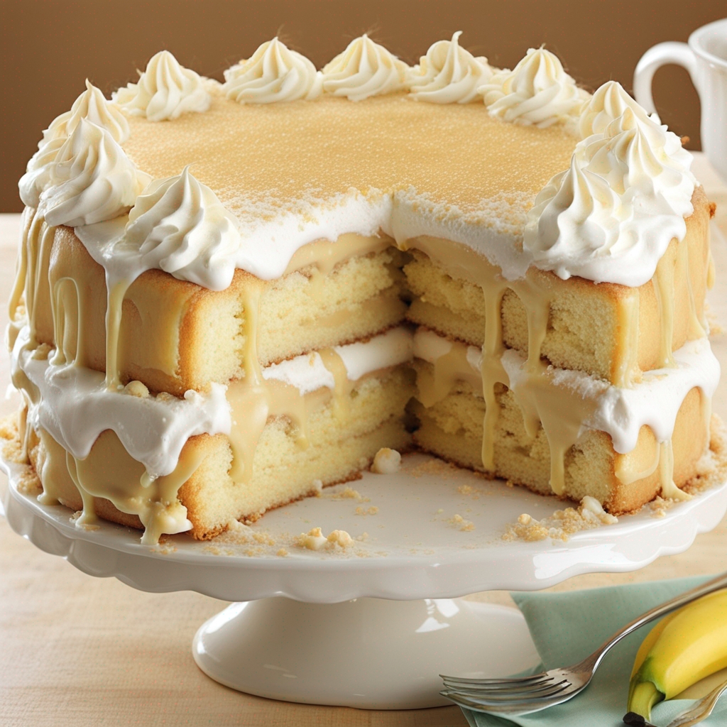Decadent Banana Pudding Cake adorned with glossy icing, showcasing its moist texture and rich color, placed on a stylish serving plate.