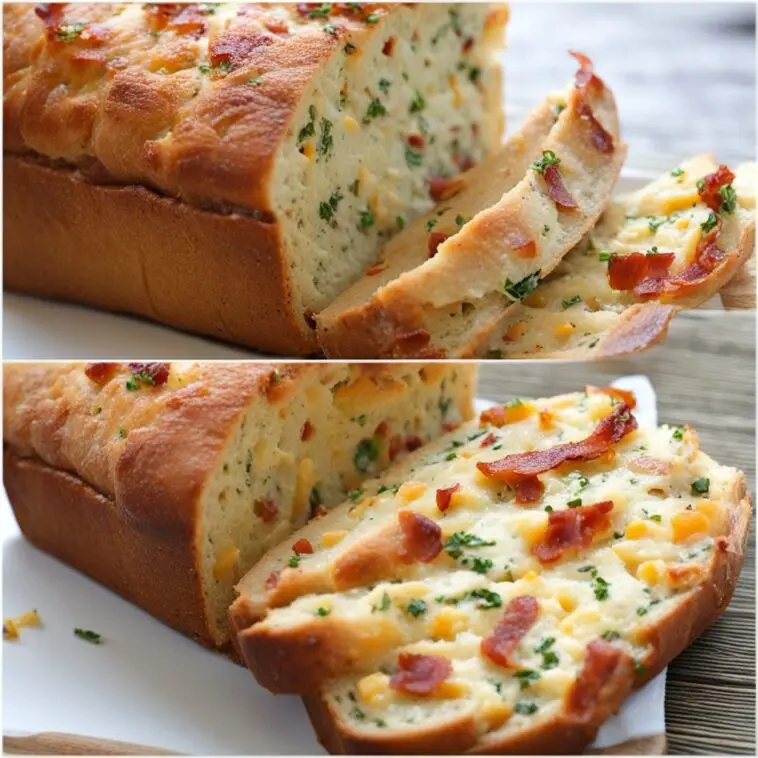 Close-up of Loaded Bacon Cheddar Bread with melted cheese and crisp bacon toppings.