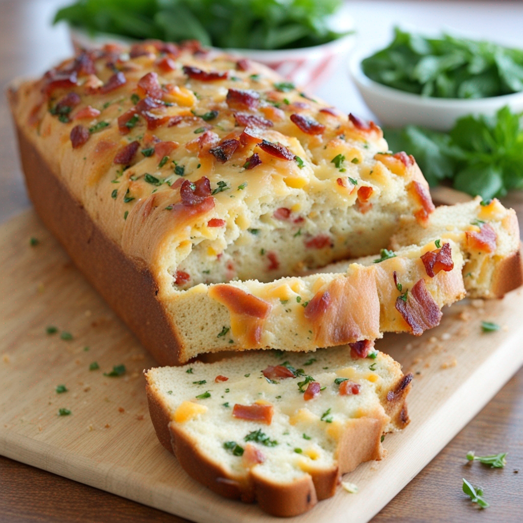 Sliced Loaded Bacon Cheddar Bread ready for serving on a rustic wooden board.