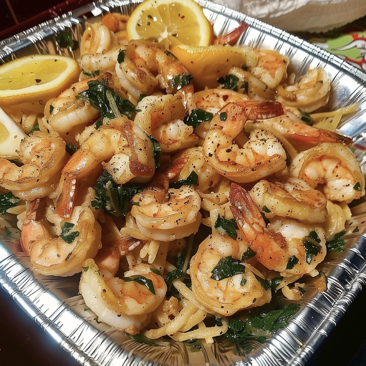 Close-up of creamy Cheese Shrimp Penne Pasta and Spinach dish