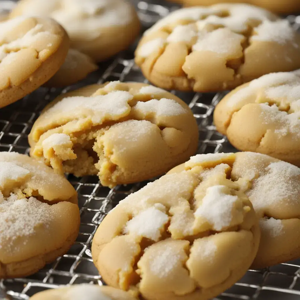 Close-up shot of Butternut Cookies stacked in a pile with a dusting of powdered sugar.