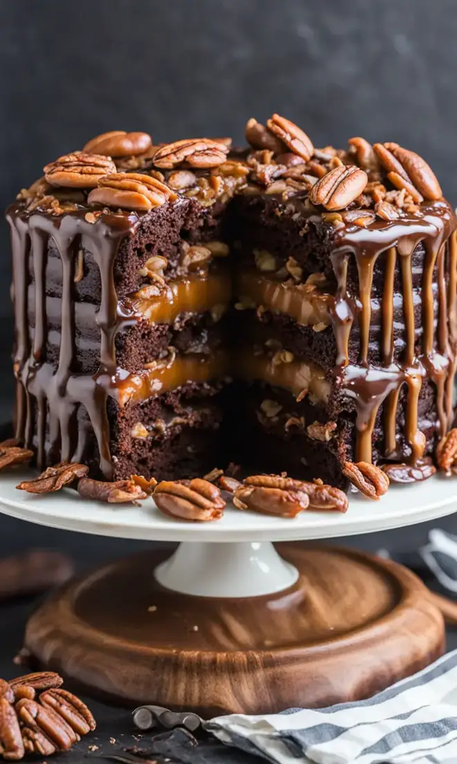 Melted caramel drizzling over Chocolate Turtle Cake batter.