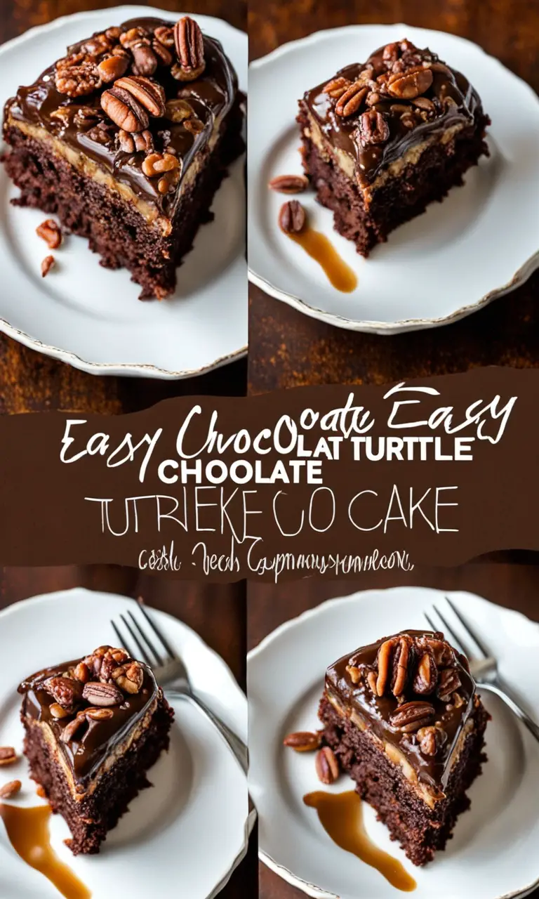 Chocolate Turtle Cake topped with rich frosting and pecan pieces.