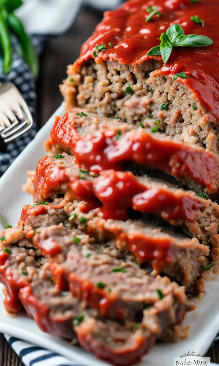 Sliced Italian Meatloaf on a rustic wooden board.