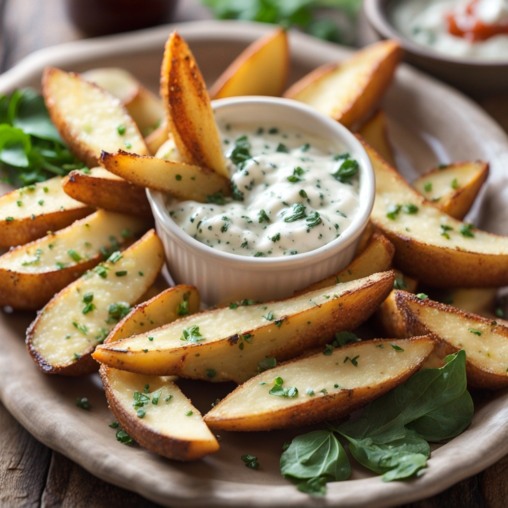 Golden Baked Garlic Parmesan Potato Wedges on a white plate.