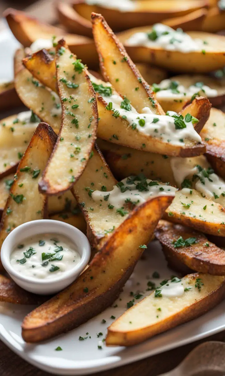 Close-up of crispy Russet potato wedge with melted Parmesan.