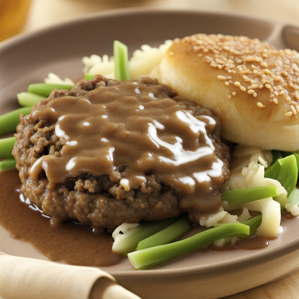 Homemade Hamburger Steak with Rich Onion Gravy on a Plate