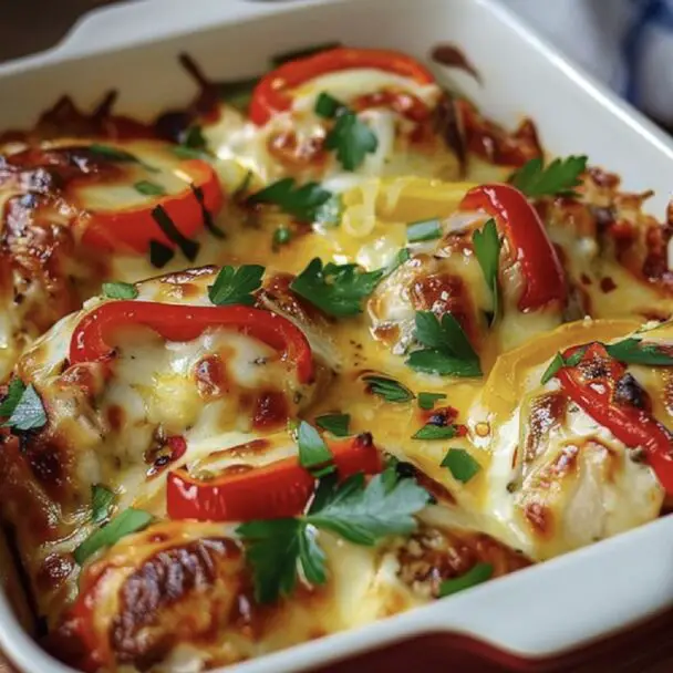 Discover how to make this delicious Cheesy Chicken and Peppers Bake, perfect for a busy weeknight dinner!