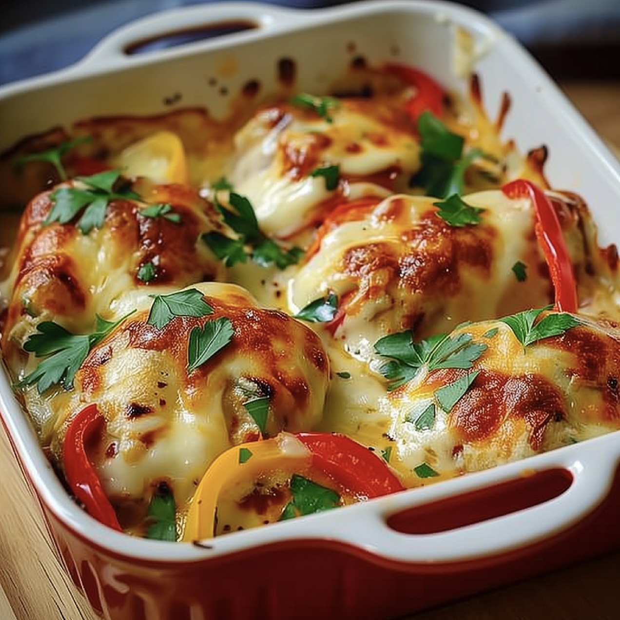 Golden Brown Cheesy Chicken and Bell Peppers Casserole