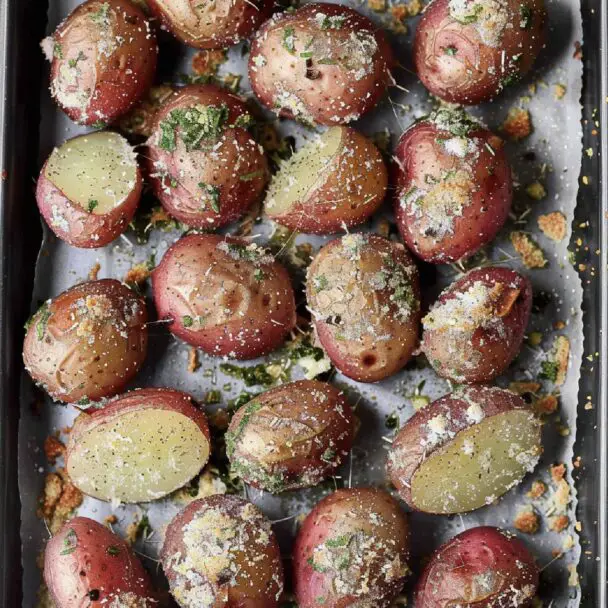 ven-fresh tray of Garlic Parmesan Roasted Potatoes