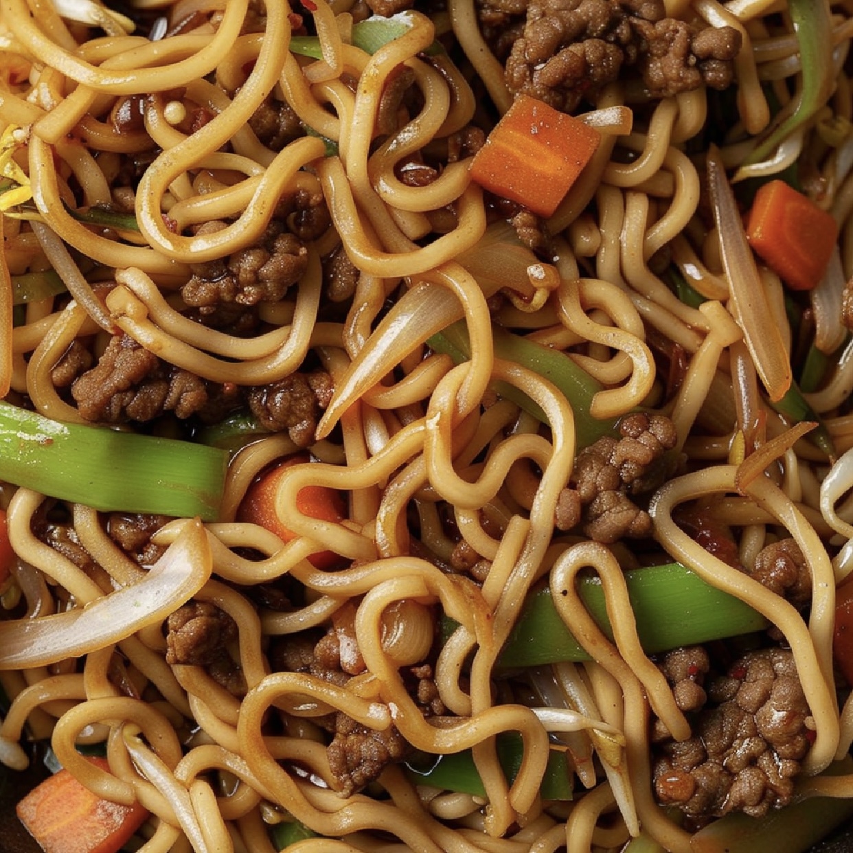 Close-up of slow cooker ground beef chow mein on plate